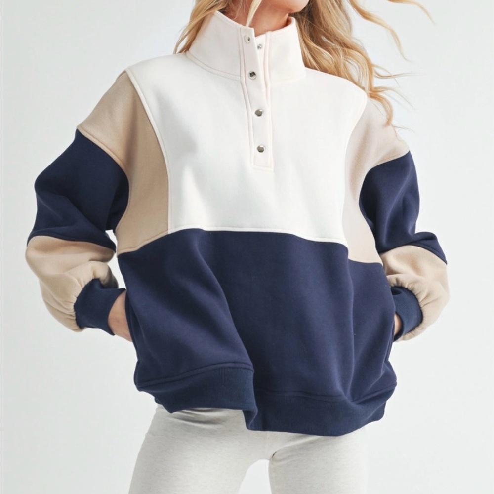 Navy and Cream High Neck Women's Sweatshirt
